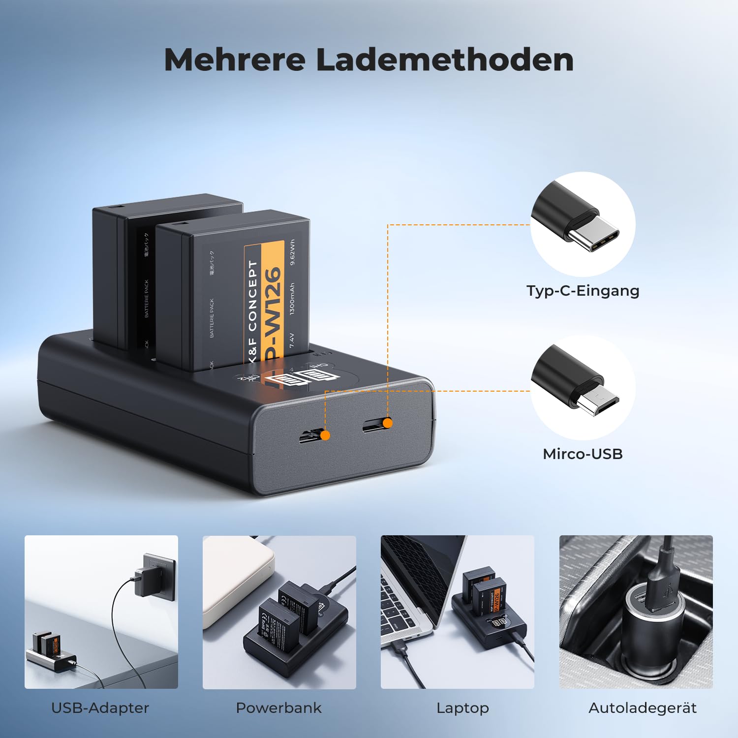 K&F CONCEPT NP-W126 NP-W126S Akku, 2 x 1300 mAh, kompatibel mit Fujifilm XT30 III/XM5/X100VI/X100V/XS10/XT30/XT30 II/XT20/XE4/A5, Schnellladegerät mit Dual-Slot mit Eingängen Type-C und Micro-USB