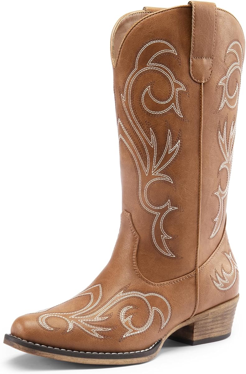 Amazon.com | DREAM PAIRS Women's Cowboy Boots Mid Calf Cowgirl Boots Square Toe Chunky Heel Embroidery Stitched Western Boots,Size 8,Tan,SDMB2403W | Mid-Calf