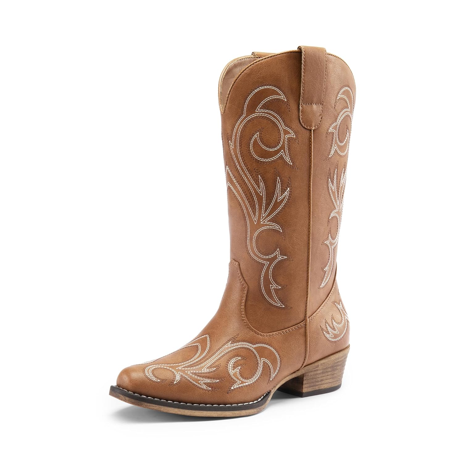 DREAM PAIRS Womens Cowboy Boots Mid Calf Cowgirl Boots Square Toe Chunky Heel Embroidery Stitched Western Boots