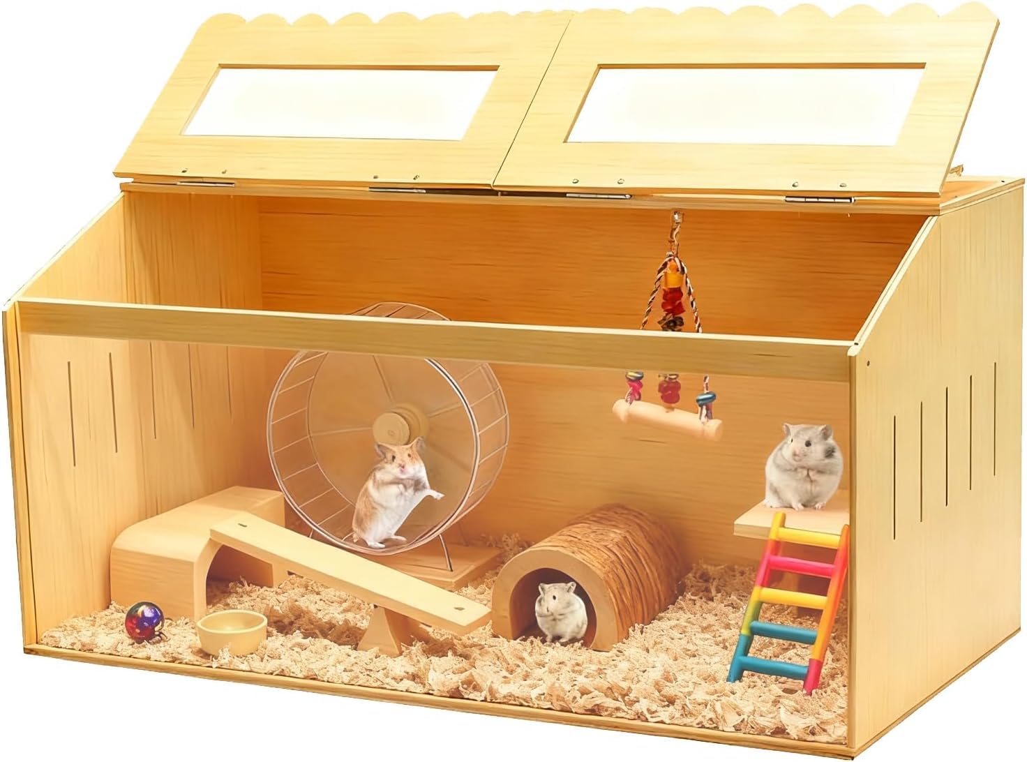 Hocomay Wooden Hamster Cage, Large Cages Dwarf Cage Transparent Small Animals with Acrylic Window and Openable Top Clear View Animal Habitats for Syrian Guinea Pig Chinchilla 80 x 40 x 40 cm