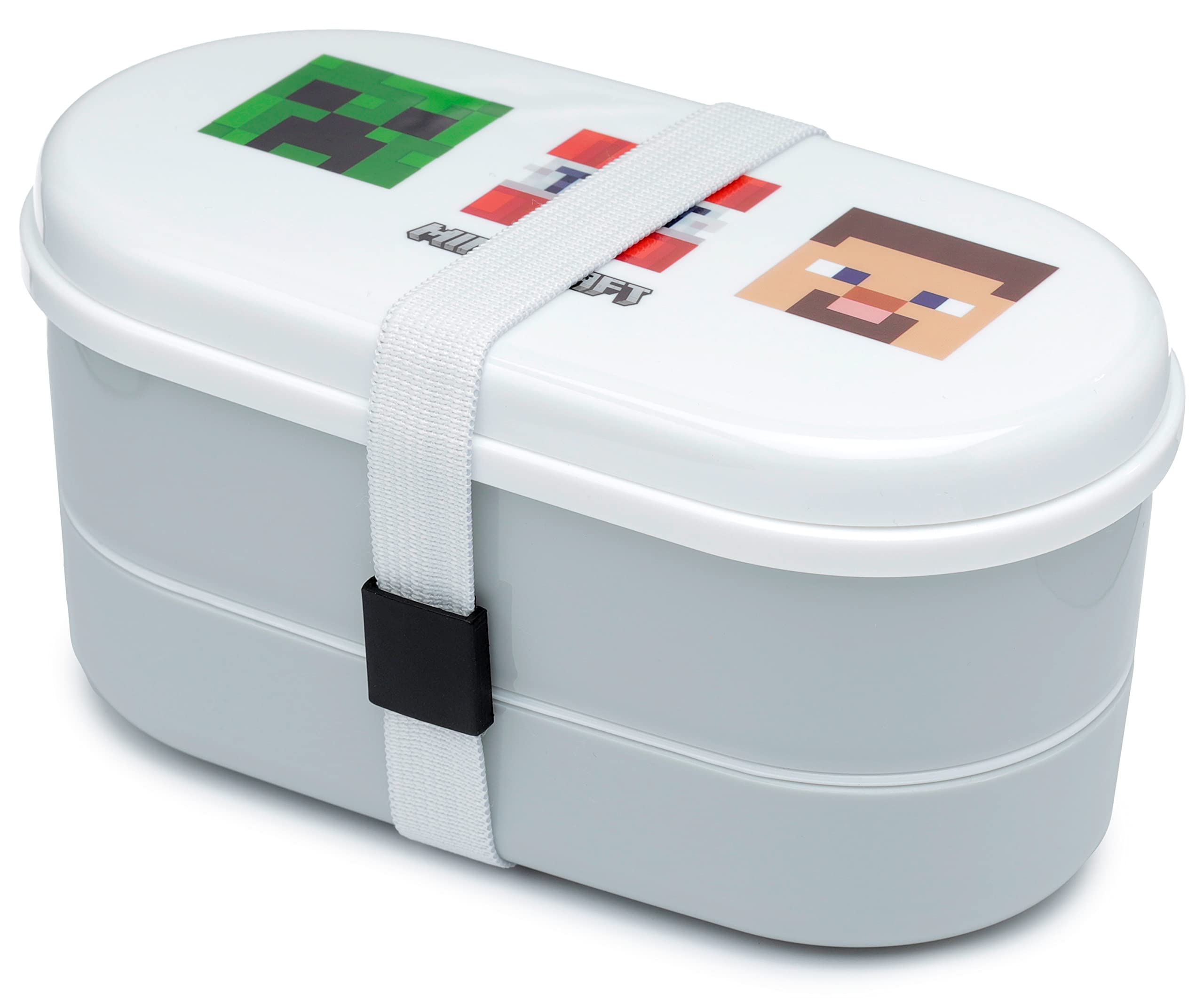 Puckator Minecraft Faces Stacked Bento Box - Lunch Box for Adults and Kids with Compartments and Fork & Spoon - Snack Box - Food Containers With Lids - Stackable Snack Pots For Kids - Meal Prep