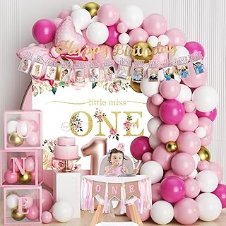 Baby Girl 1st Birthday Decorations , Baby First Birthday Supplies for Girl,Including Balloon Boxes, Pink Gold Balloons Garland Arch Kitï¼ŒParty Backdrop, High Chair Banner, Crown, Photo Banner