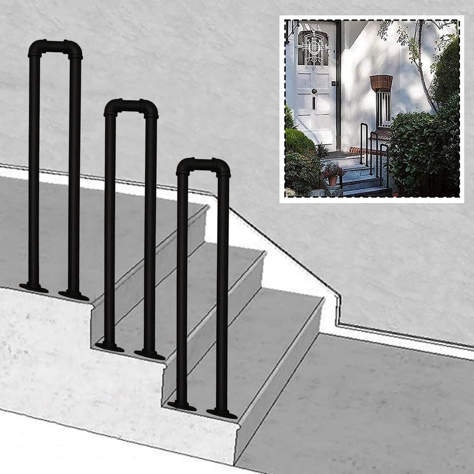 Main courante d'escalier noir mat 1 marche pour escaliers extérieurs