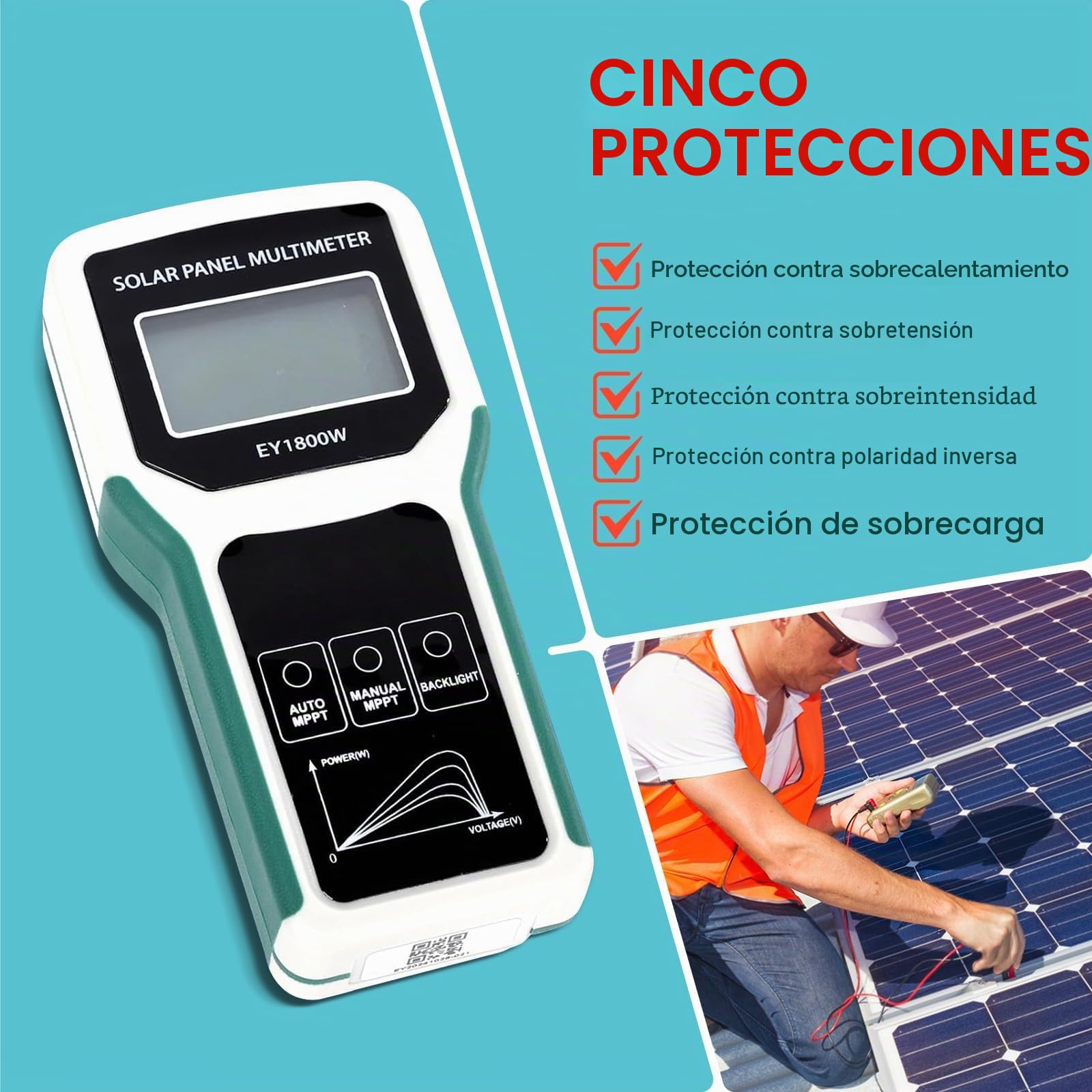Multímetro para paneles solares de 1800 W, medidor de potencia fotovoltaica MPPT con retroiluminación LCD, detección automática/manual, mide voltaje de circuito abierto y punto de máxima potencia.