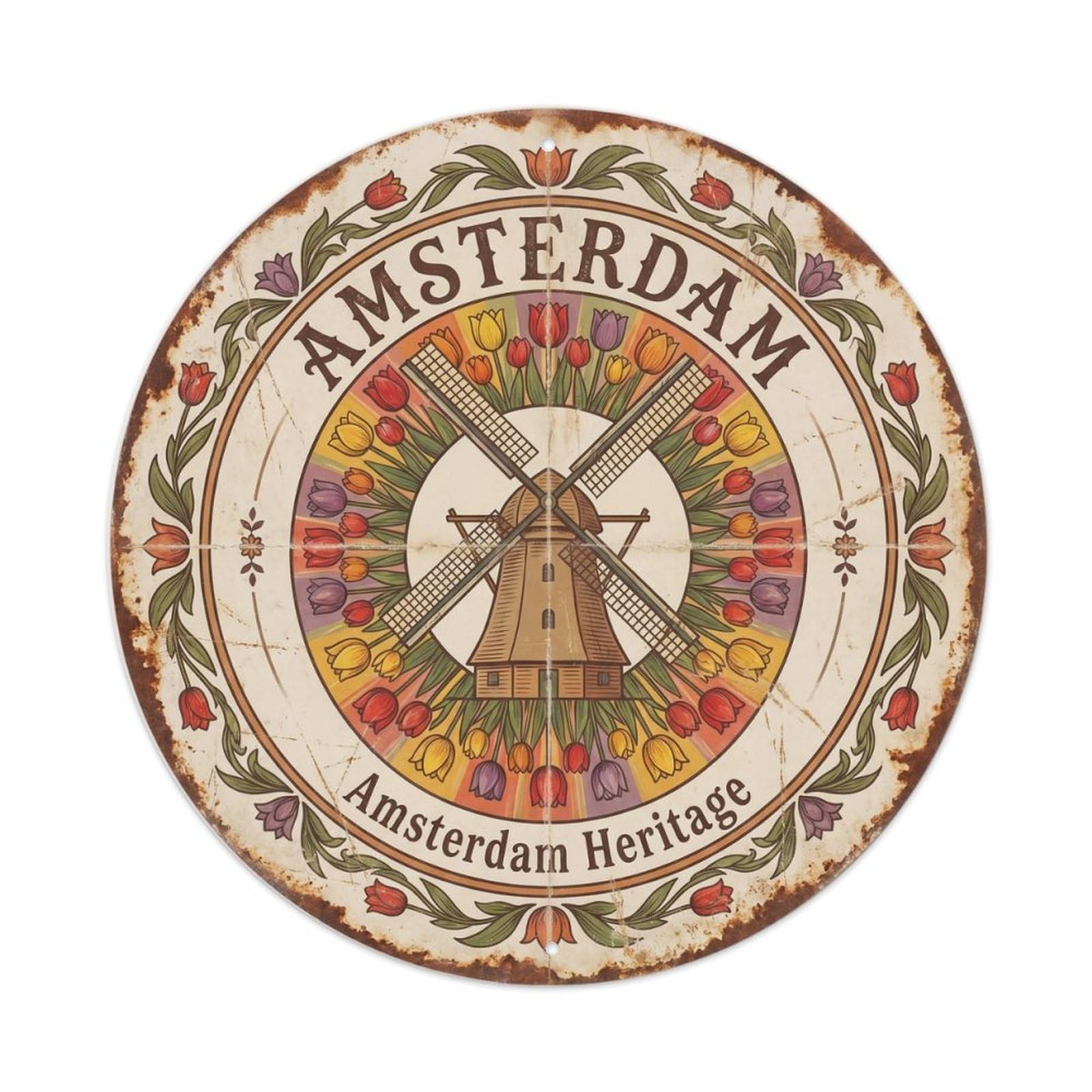 Tgrcjimh Style. Vintage Travel Amsterdam Windmill Tulips Metal Tin Sign