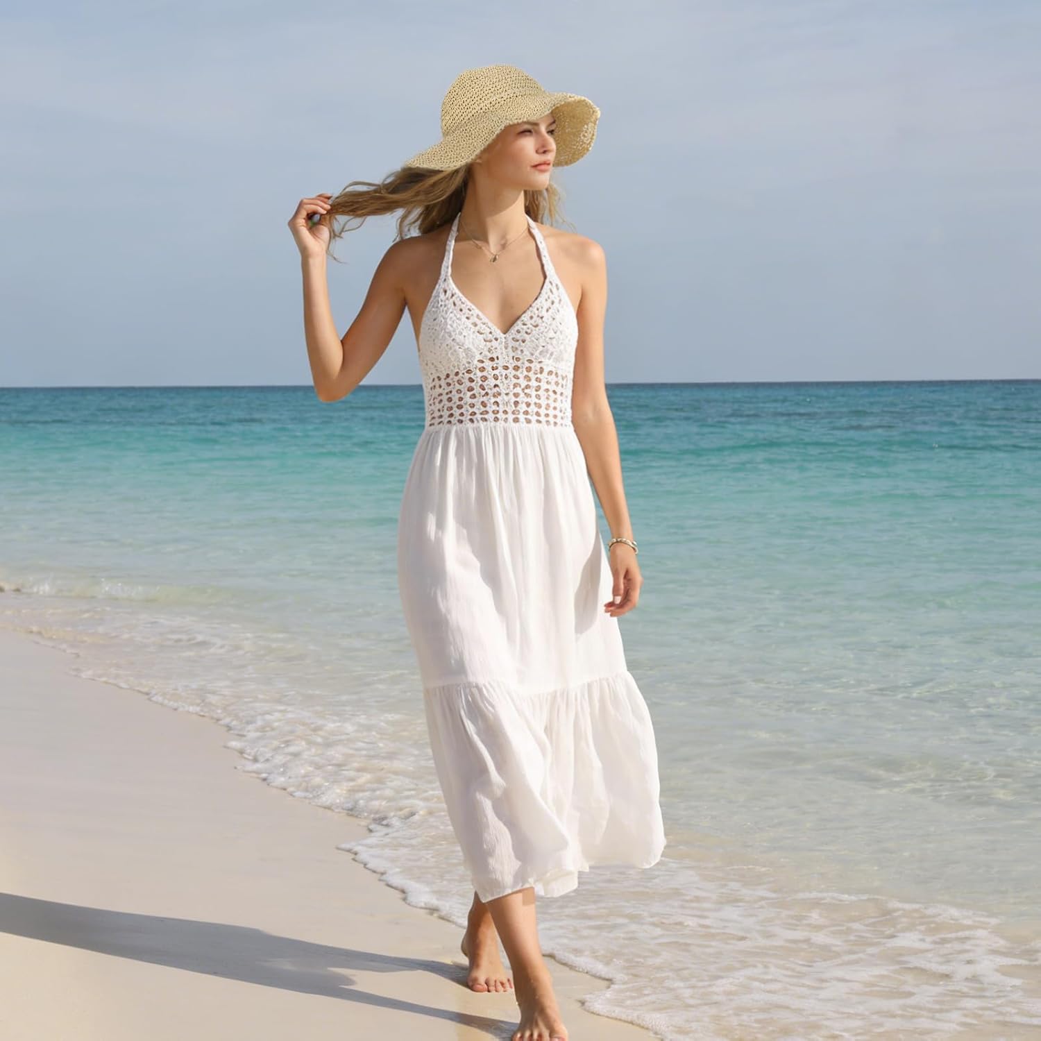 Oweisong Beach Hats for Women Trendy Summer Straw Sun Hat Floppy Wide Brim Boho Crochet Hats for Vacation Travel - Image 6