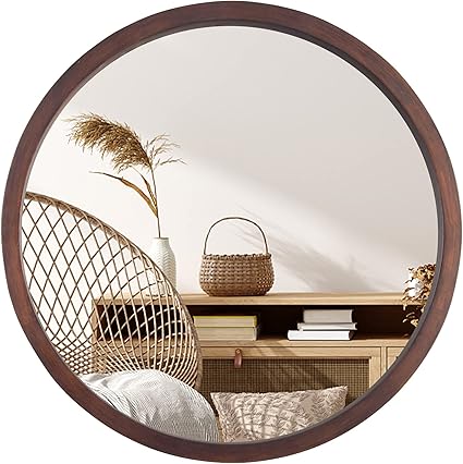 Amazon Co Jp Huimei2y 鏡 壁掛け鏡 壁掛けミラー 天然木フレーム 丸型ミラー 丸い姿見 ウォールミラー インテリア 洗面 化粧 軽量 Hd鏡面 モダン おしゃれ 玄関 リビング トイレ バスルーム 和室 円形 ブラウン 直径50cm ホーム キッチン