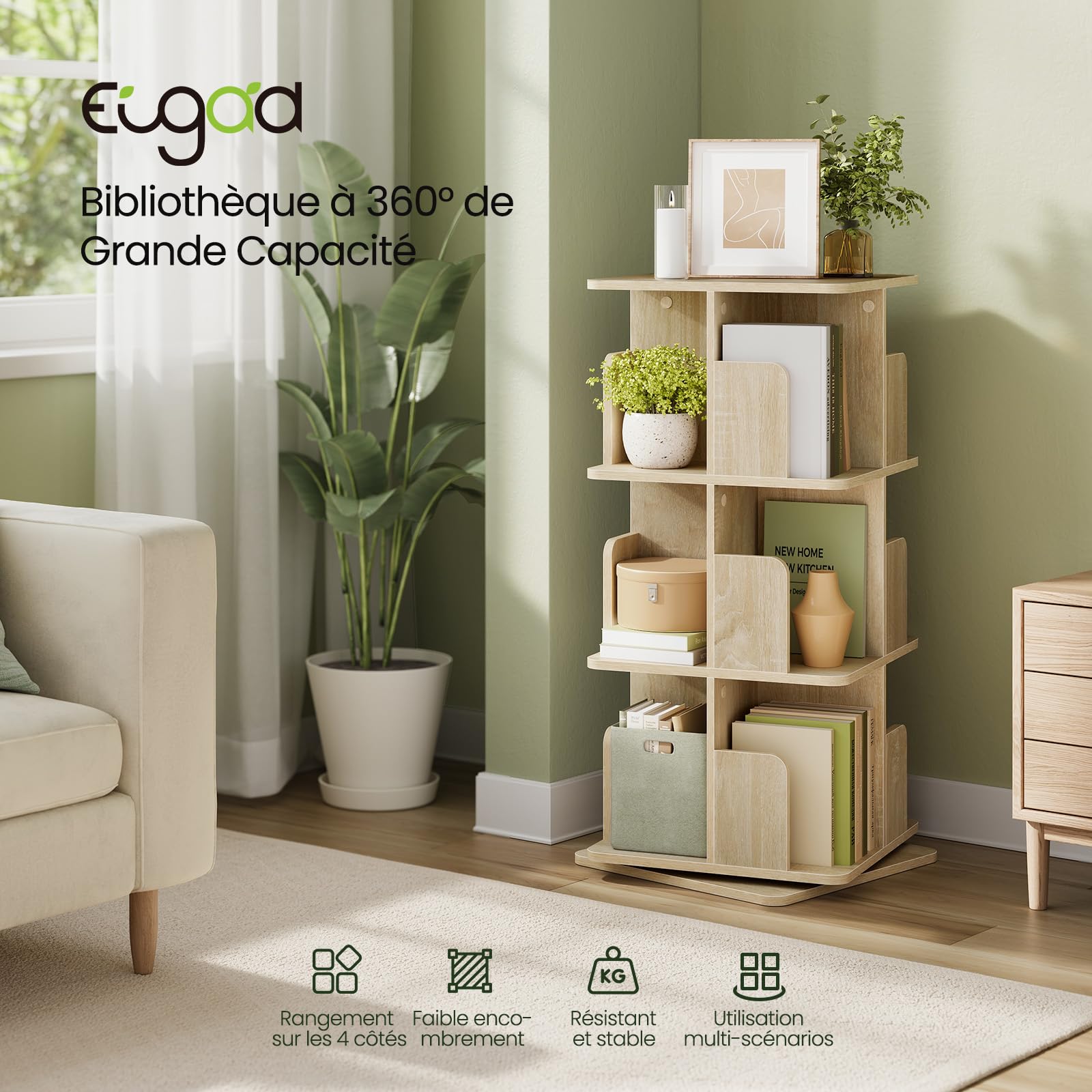 EUGAD Obrotowy regał na książki, z 3 poziomami, 12 półek, obracany o 360°, stojący regał, do salonu, gabinetu, biura, 40 x 94,5 x 40 cm, jasny dąb