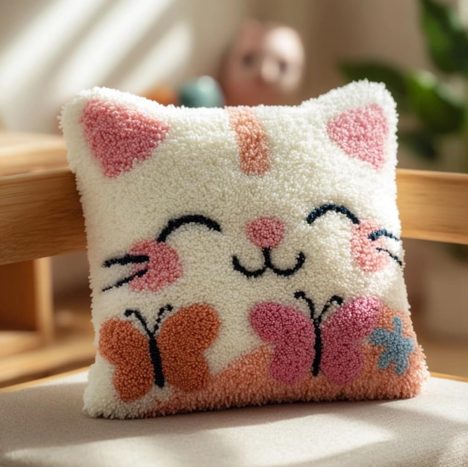 AxiangziK Latch Hook Pillow Making Set,Cats and Butterflies 43x43cm DIY Sofa Cushion Kit Suitable for Beginners and Experienced Crafters