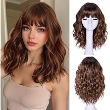 Short Wavy Wig with Bangs for Women Bob Wave Wigs for Black Women 18Inch Fashion Style Synthetic Heat Resistant for Daily Party Uses Brown with Caramel Highlights
