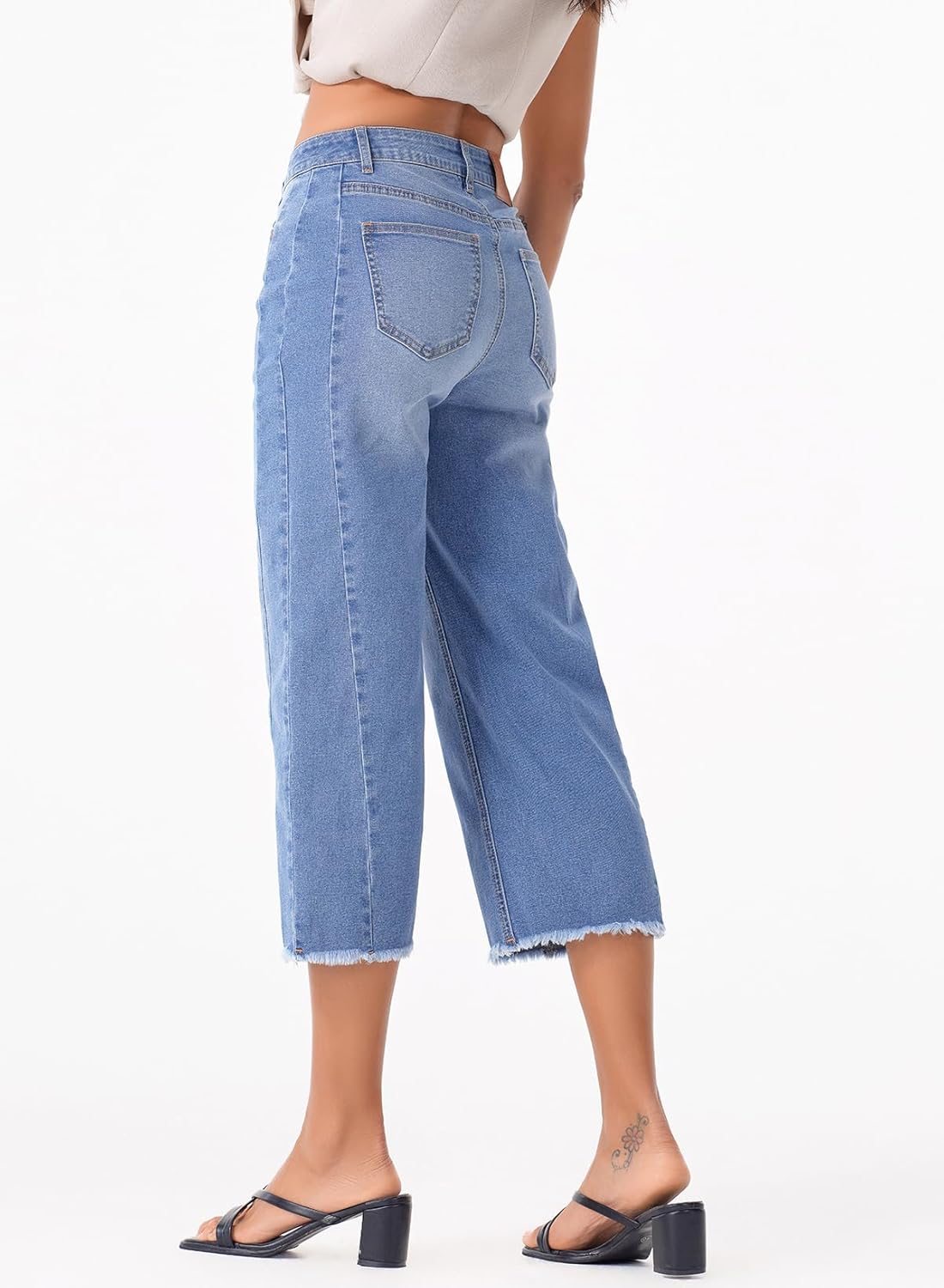 Sidefeel Women's Capri Jeans High Waisted Wide Leg Stretchy Raw Hem Side Seam Zimbaplatinum Denim Pants - Image 2