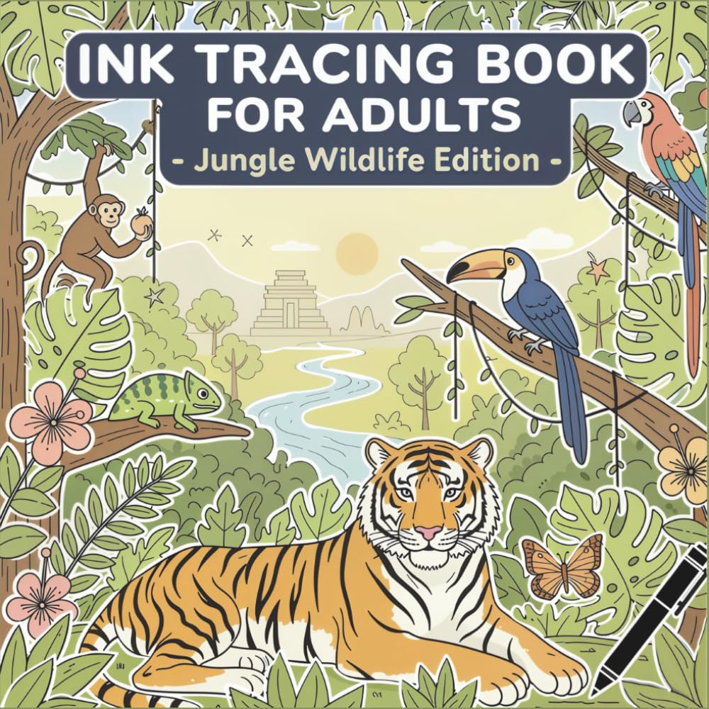 Ink Tracing Book for Adults – Jungle Wildlife Edition: Relaxing Tracing Art of Majestic Animals, Exotic Birds & Tropical Creatures for Mindful Relaxation and Stress Relief