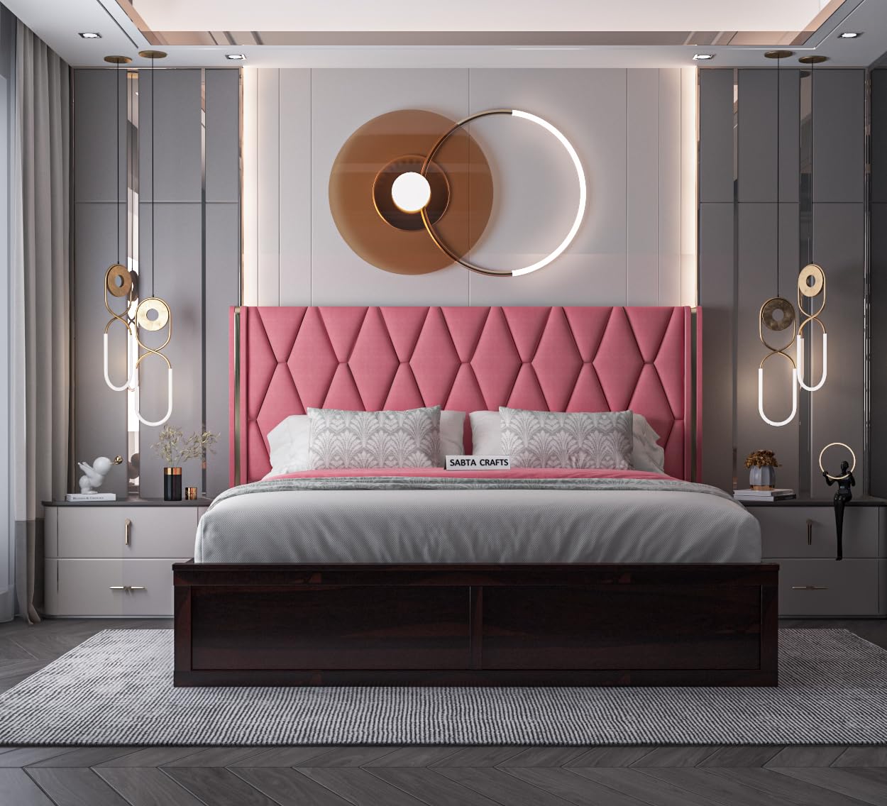 Craft Wooden Double Size Bed with Box Storage for Bedroom, Flamingo Upholstered Cushioned Headboard, Solid Sheesham Wood, Walnut Finish, Mattress Size: 78 X 72 Inch-image-20