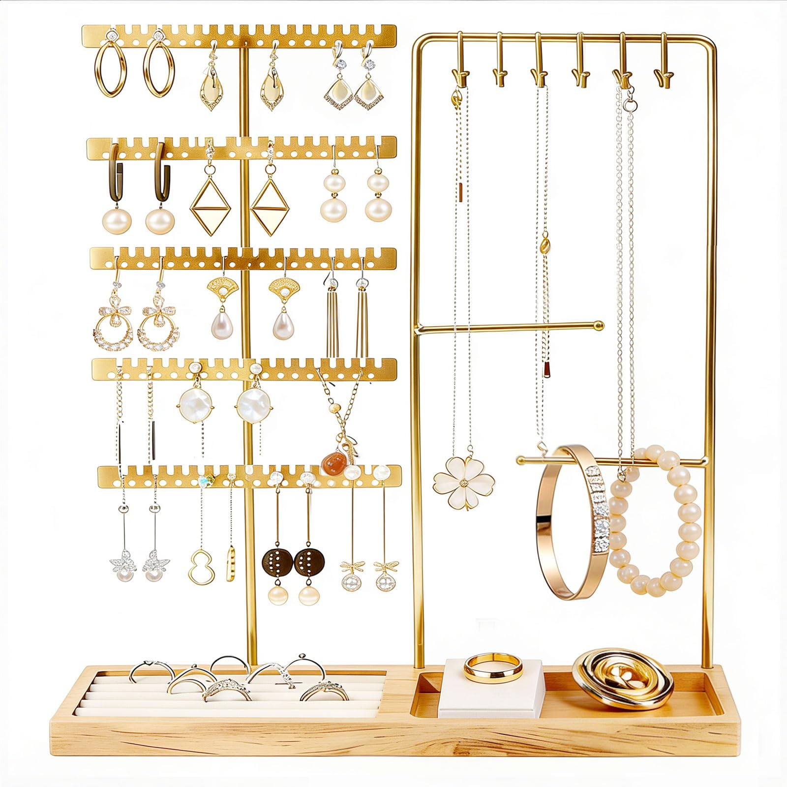 Yeqqzq Gold Jewelry Stand, Jewelry Organier With Metal Frame For Bracelet, Necklace, Earrings, Rings (Gold)