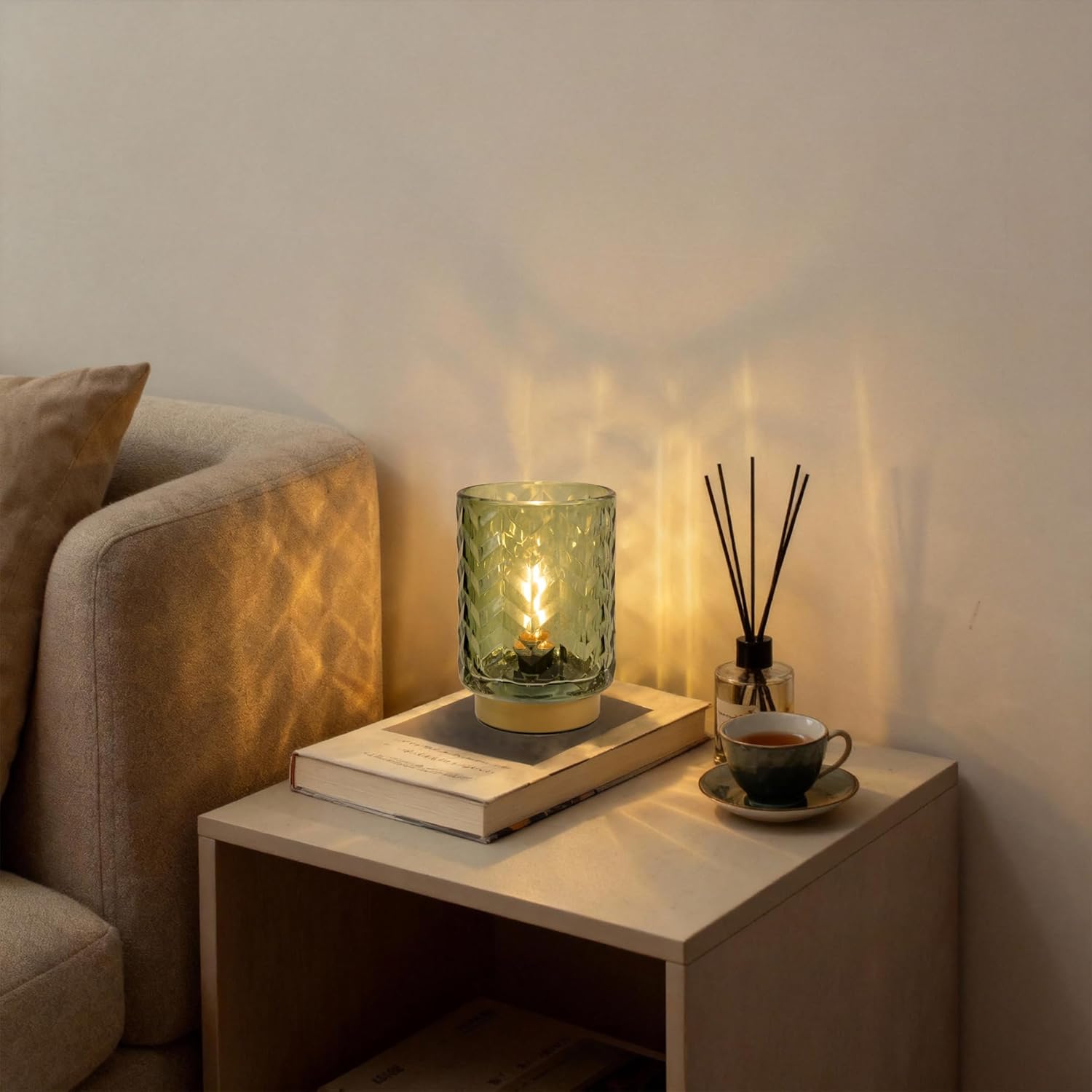 LUSHARBOR Battery Operated Table Lamp, Small Lamp Bedside Decor Ambient, Cordless Glass Table Lamp Battery Powered for Bookshelf Desk Living Room Entryway Dorm Wave Design-Green