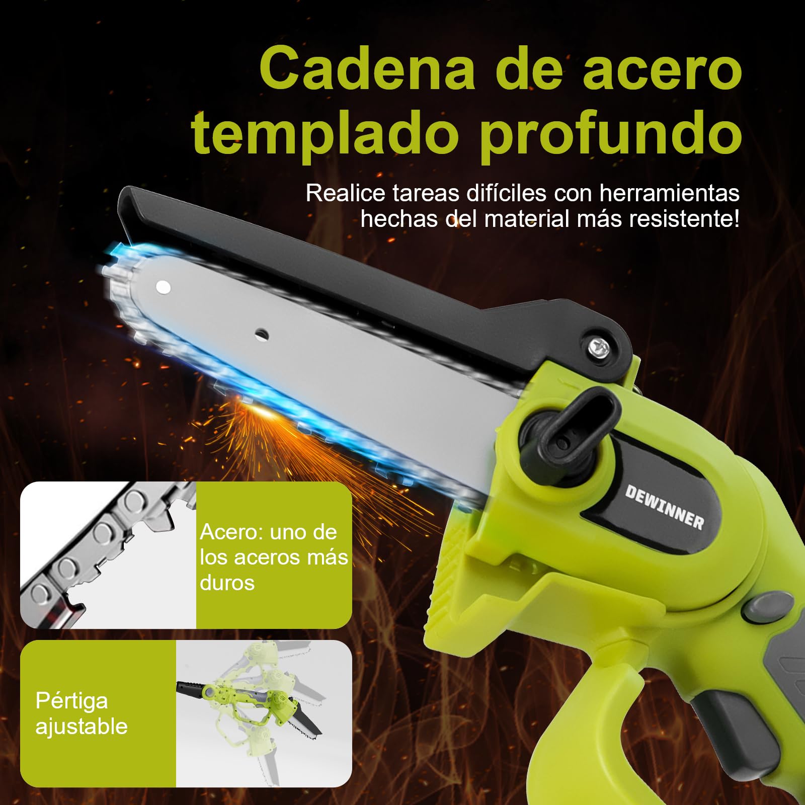 DEWINNER Tijera de Podar 3 en 1 Telescópica con Motosierra Eléctrica - Interruptor de Seguridad, Alcance de 2.54 Metros, Hojas de 240 mm Y 120 mm, Cabeza Ajustable 135°