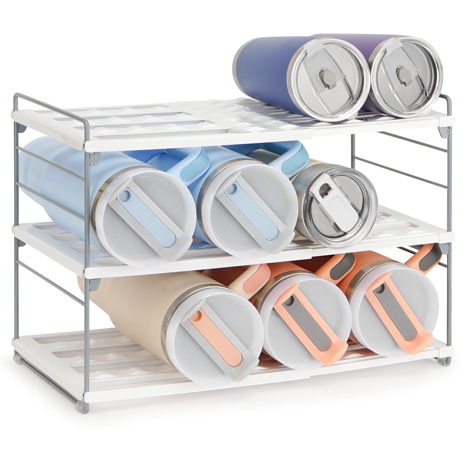 Upgraded Large Expandable Water Bottle Organizer Designed for 40 oz Stanley, Owala & Yeti Tumblers, Adjustable Storage Rack for Travel Mug Cabinet, Pantry, and Kitchen Organizer, Fits 20/30 oz Bottles 3 Tier-Large