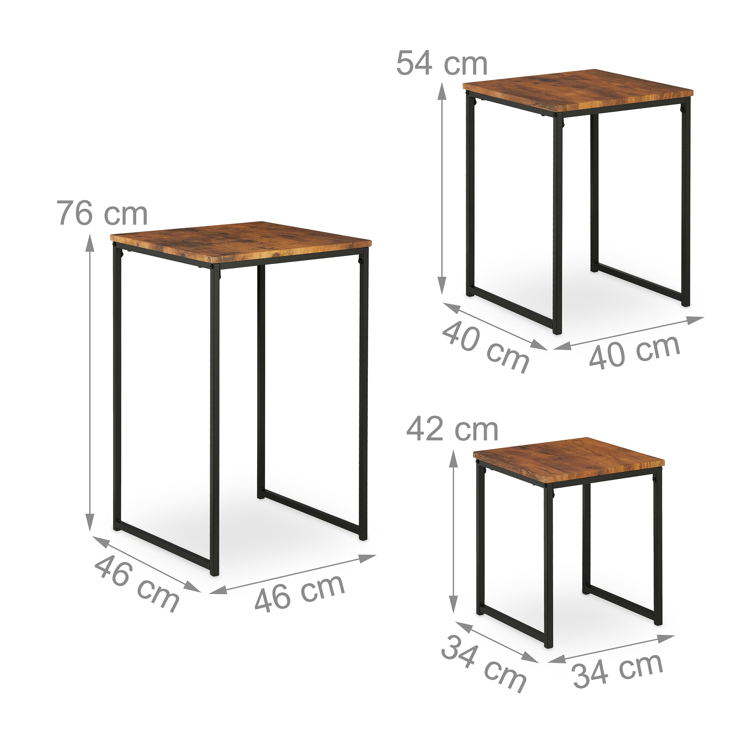 Relaxdays Beistelltisch 3er Set, stapelbar, Industrie Design, Satztisch 3 Größen, quadratisch, Metall, braun/schwarz
