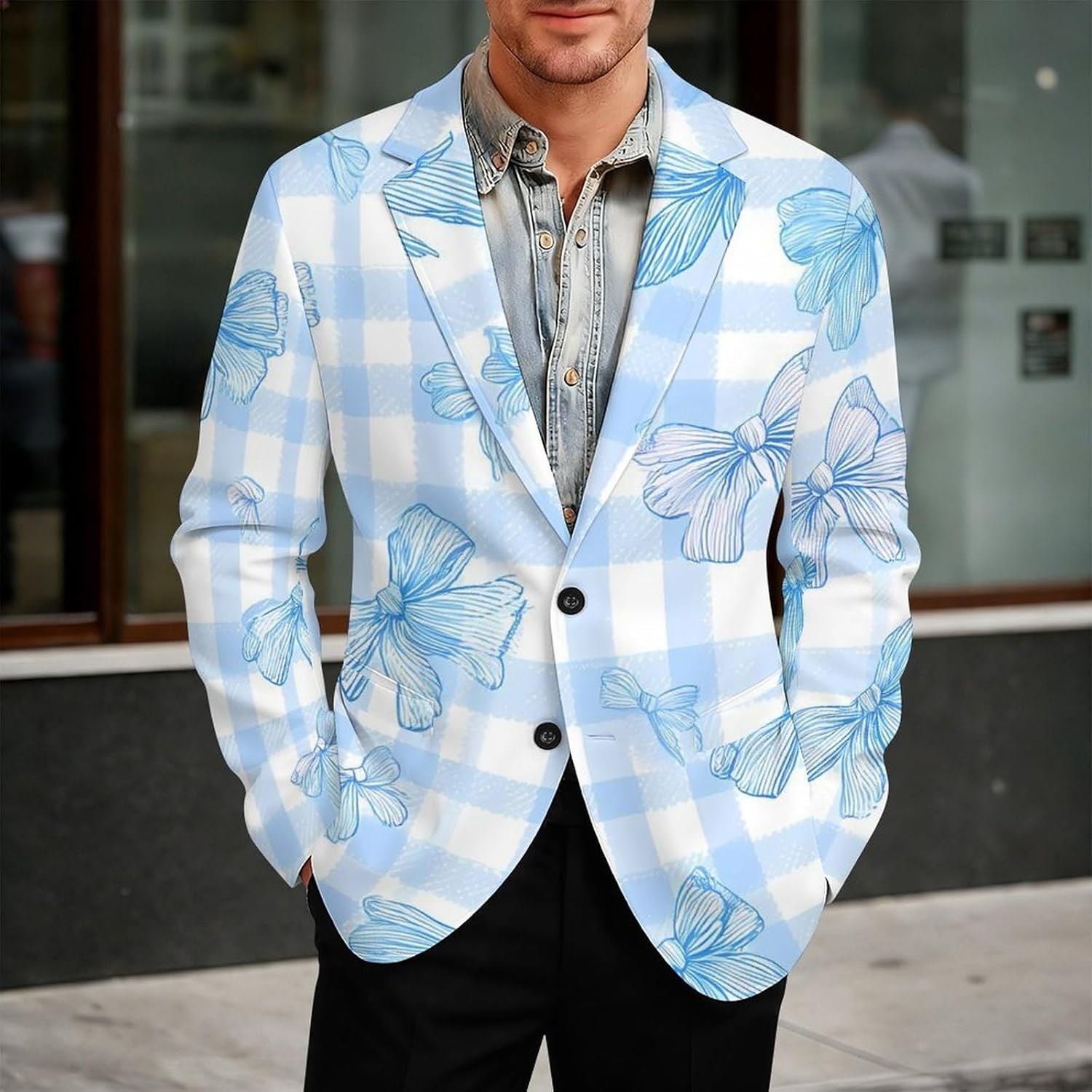 Bows Gingham Checkered Mens Blazer Two Button Lightweight Sport Coats Suit Business Jacket