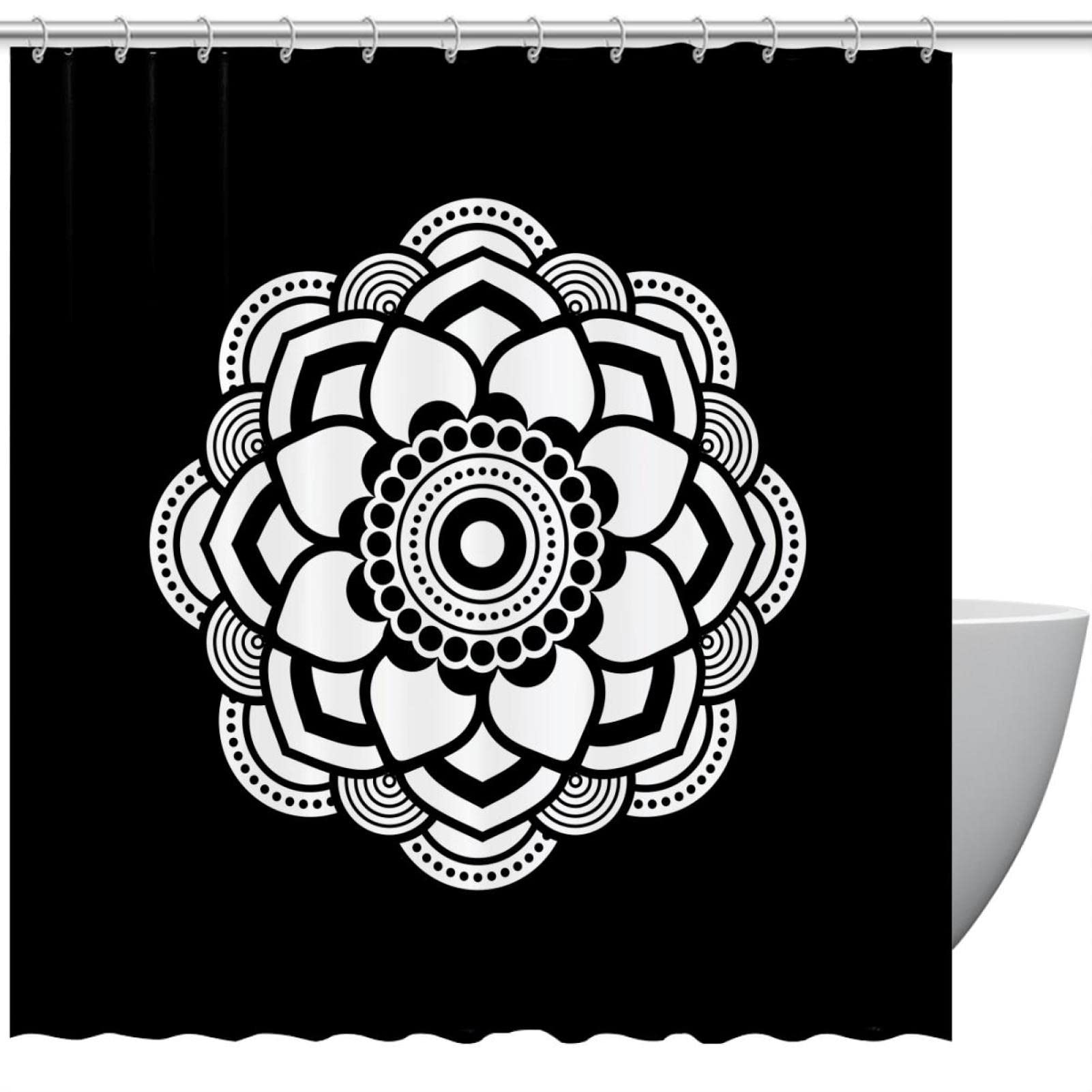 Rideau de douche mandala noir en tissu imprimé 183 x 183 cm imperméable