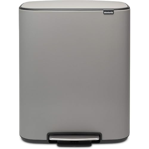 Brabantia Bo Step-On Kitchen Trash Can with Single Compartment | Mineral Gray | 16 Gal Inner Bucket | Soft-Close Garbage Can, Light Pedal Operation, Stay-Open Lid | Fits Against Wall | + Trash Bags