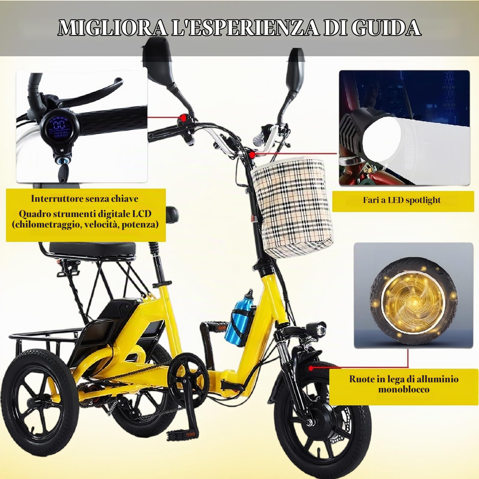 Bici Elettriche,Triciclo Elettrico,Triciclo Pieghevole,E-Bike A 2 Posti,Batteria Rimovibile,Bicicletta Elettrica A 3 Ruote con Telaio Ribassato,Triciclo per Adulti E Genitori Yellow