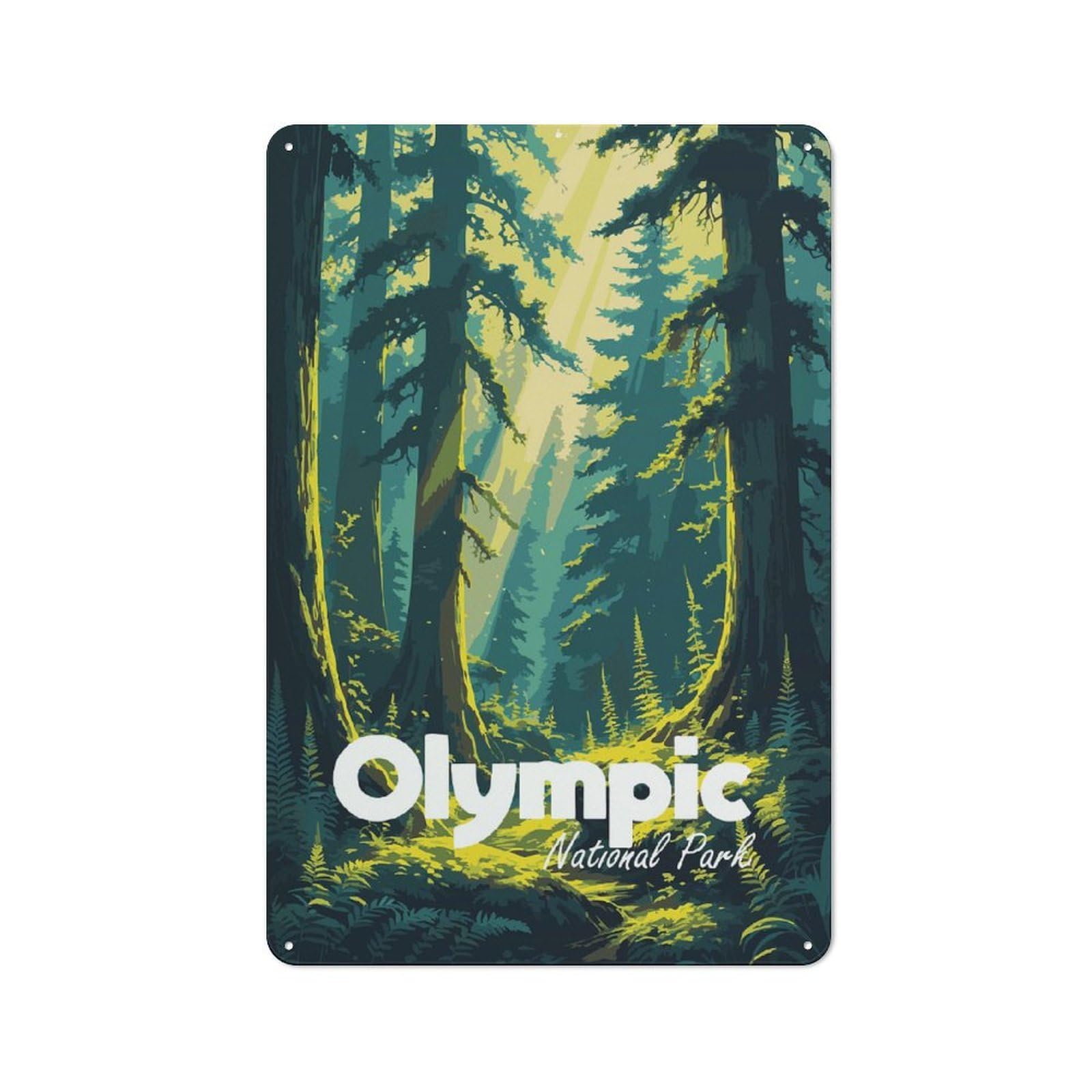 Junmoney Style-7 Olympic National Park Forest Illustration Rustic Tin Sign 30X20cm For Living Room Wall, Suited To Home Wall Decor Collectors
