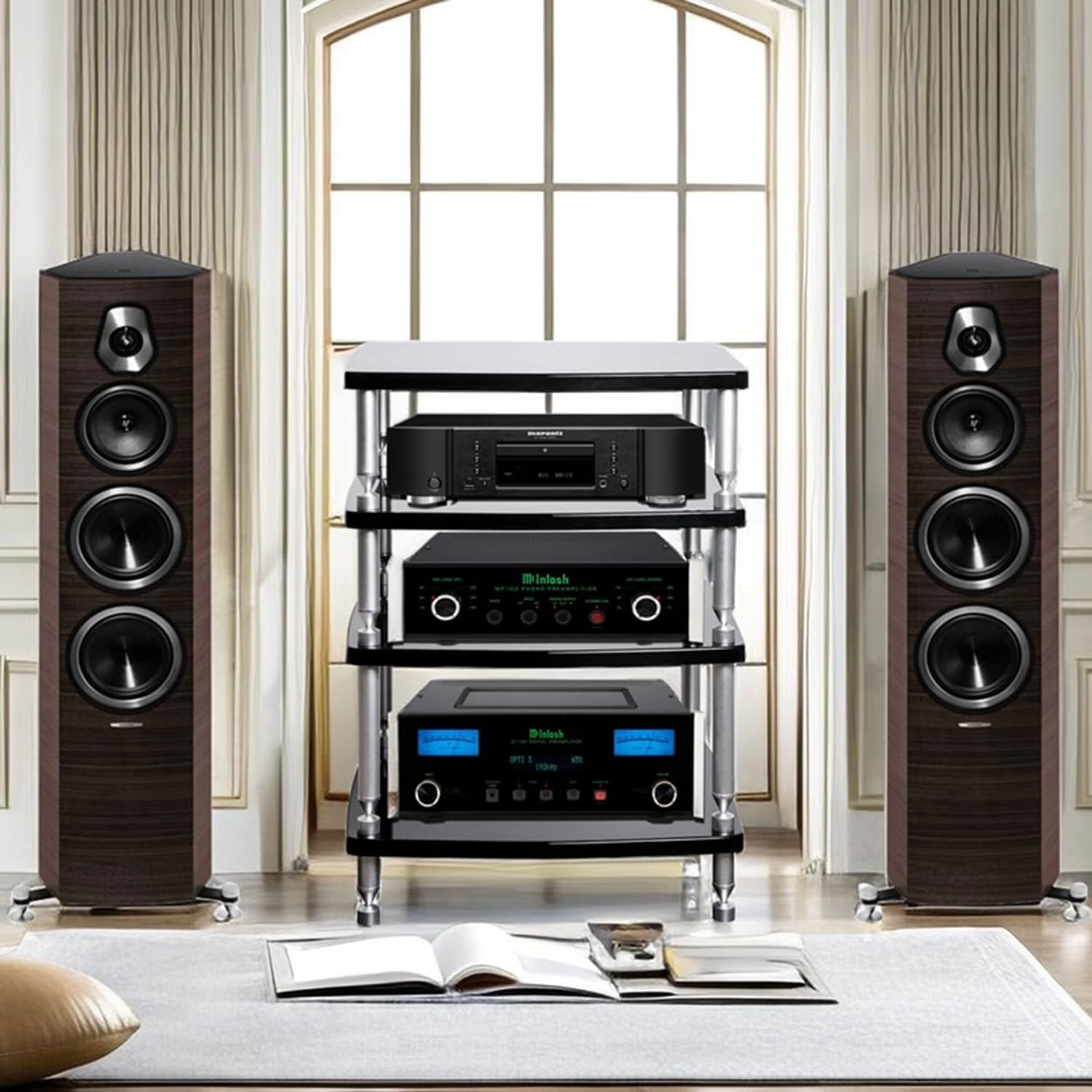 Media Audio Tower Cabinet Storage for Entertainment Stereo Component Stereo Racks and Stands with Storage Shelves for PS4/Cable Box/DVD Players/Game Console (2 Shelf)(59*49*13cm/23.6*19.3*5.1in)