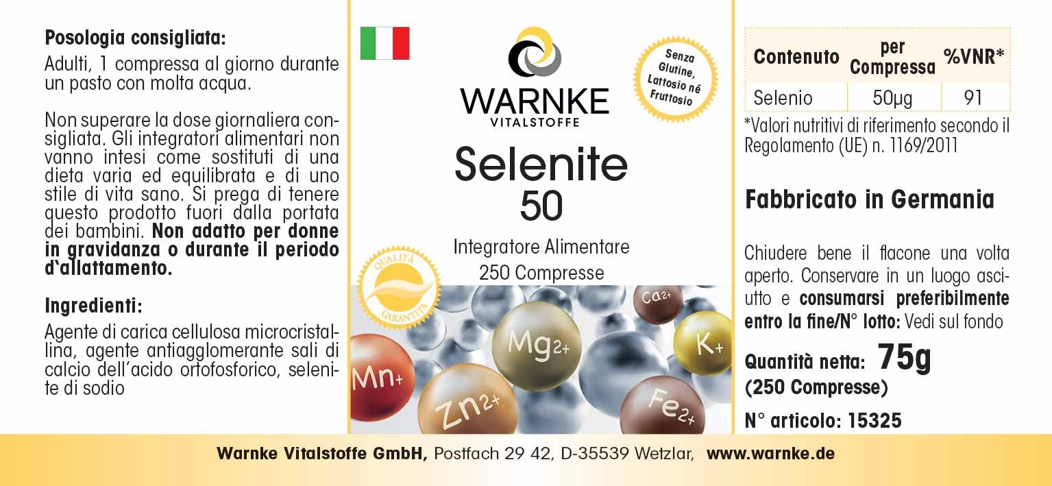 Selenio 50 mcg integratore di sodio - Ottenuto da selenio - Sostanza pura - 250 compresse | Warnke Vitalstoffe - Qualità da farmacia tedesca