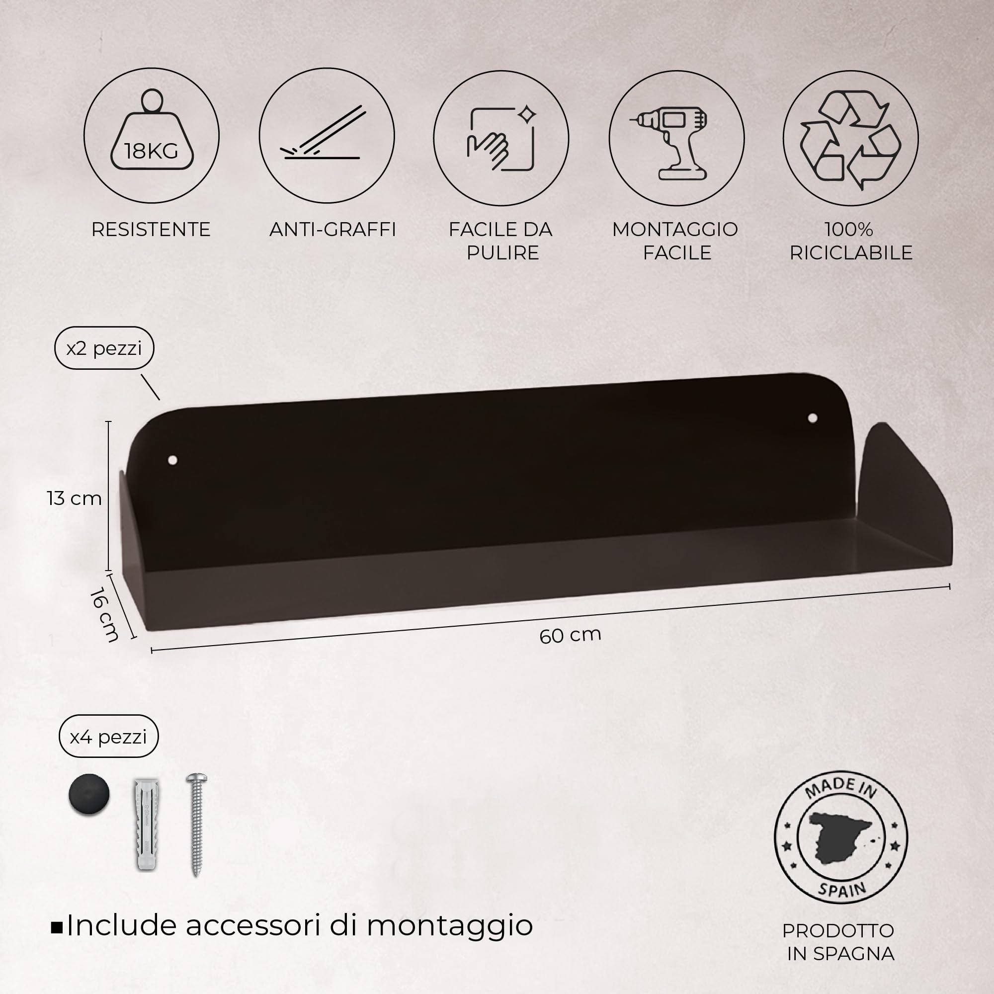 MILUKA Set di 2 Mensole da Muro Design 60 cm | Libreria da Parete Sospesa Metallo Nera | Modulare effecto invisibile, Porta Libri, Cd | Salvaespazio per Soggiorno, Cucina e Bagno