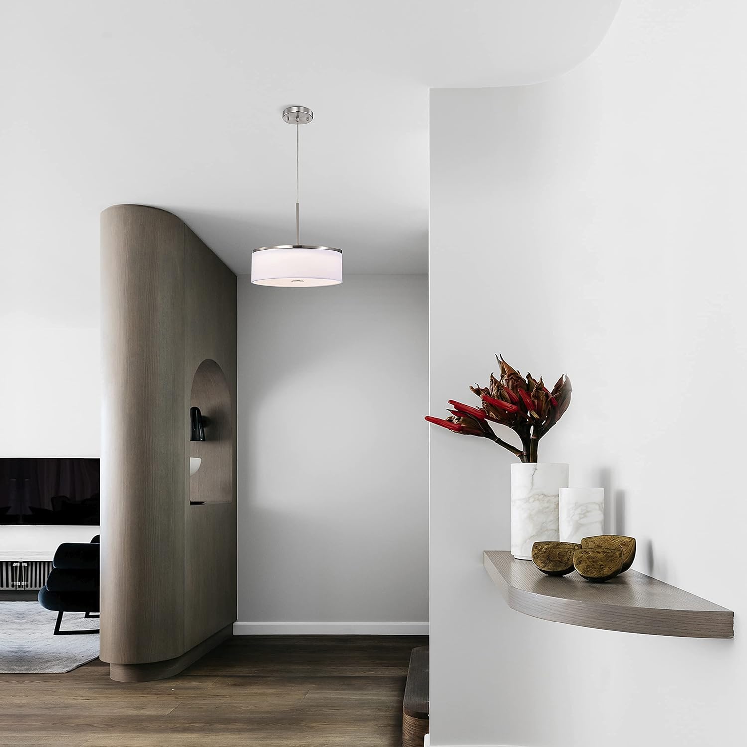 Pendant Light, Brushed Nickel Drum Linen Fabric Shade, 14 inch 25watts LED 1200lumens 3000K 3500K 4000K Switchable 90CRI Dimmable, 72 inch Hanging Cable, Pendant Chandelier for Kitchen Island