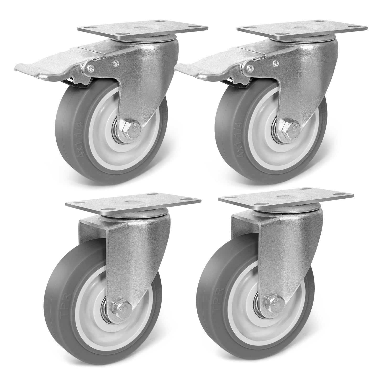 Sohnvwtgd 2 Brake & 2 Swivel 4 Inch Caster Wheel, Rubber Wheels Silent Castor- Set Of 4 Heavy Duty Caster Wheels With Brake 1600Lbs, Industrial Plate Casters Wheels For Cart Furniture Workbench (2 Brake & 2 Swivel)