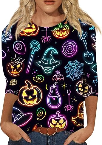 Halloween Shirts for Women 3/4 Sleeve Plus Size Crewneck Loose Fit Cute T Shirt Halloween Costumes for Women 2025
