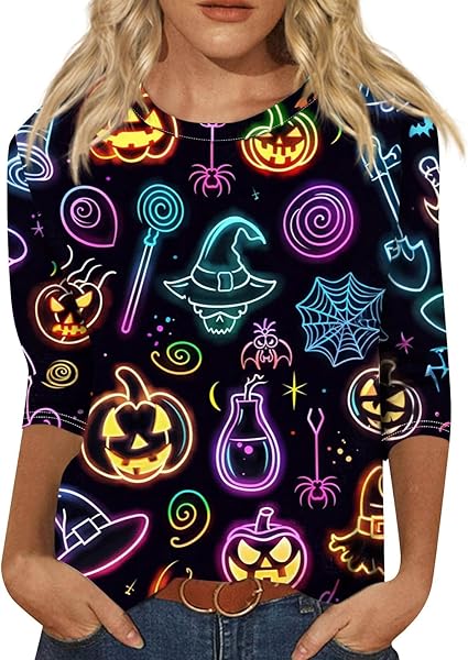 Halloween Shirts for Women 3/4 Sleeve Plus Size Crewneck Loose Fit Cute T Shirt Halloween Costumes for Women 2025
