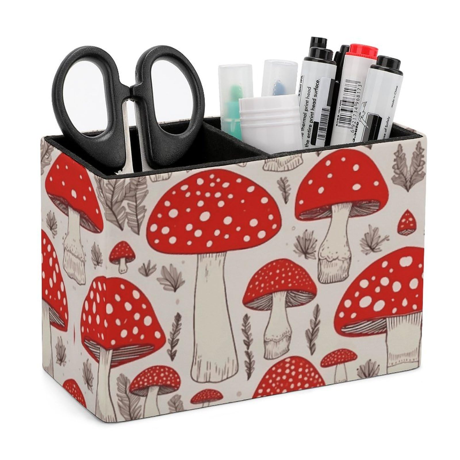 LZQPOEAS Exquisite Patterns PU Leather Pen Holder, Multifunctional Desktop Organizer Caddy with 2 Compartments, Red White Mushroom Pencil Cup Makeup Brush Holder for Office Home