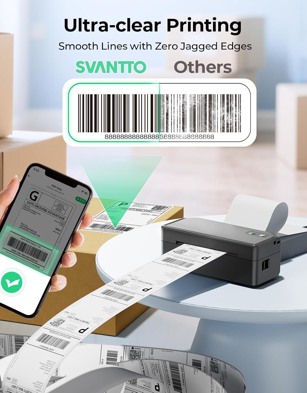 SVANTTO Bluetooth Thermal Label Printer, 4x6 Shipping Label Printer for Small Business, Compatible with iOS, Android, Windows, Mac, Amazon, Ebay, Shopify, USPS, UPS, Etsy, Black