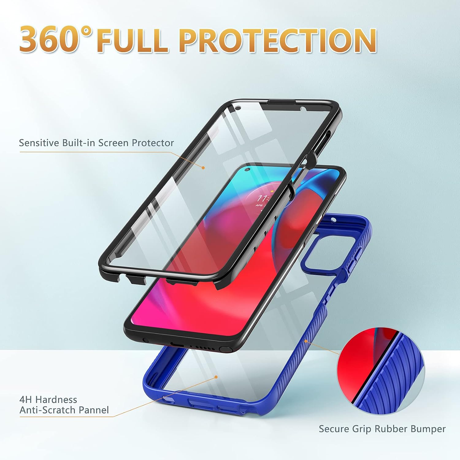 for Motorola Moto G Stylus 5G Case: with Front Built in Screen Protector & Hard Anti-Scratch Clear Back Case - Full Body Anti-Fall Shockproof Cell Phone Cover - Midnight Blue
