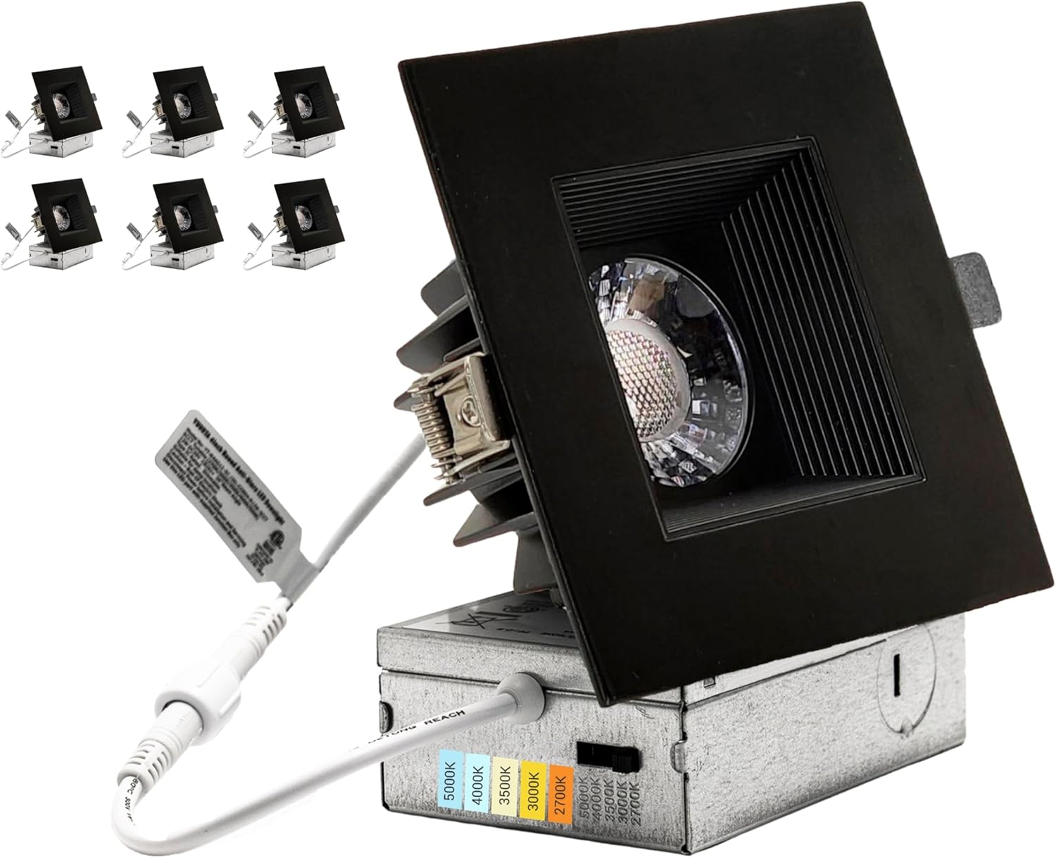 YUURTA 4-Inch Black Square Recessed Lighting Anti Glare Ceiling LED Downlight (Pot Light) CRI90+ Color Selectable 5CCT: 2700K/3000K/3500K/4000K/5000K Dimmable 1000lm 120V ETL Listed IC Rated (6-Pack)