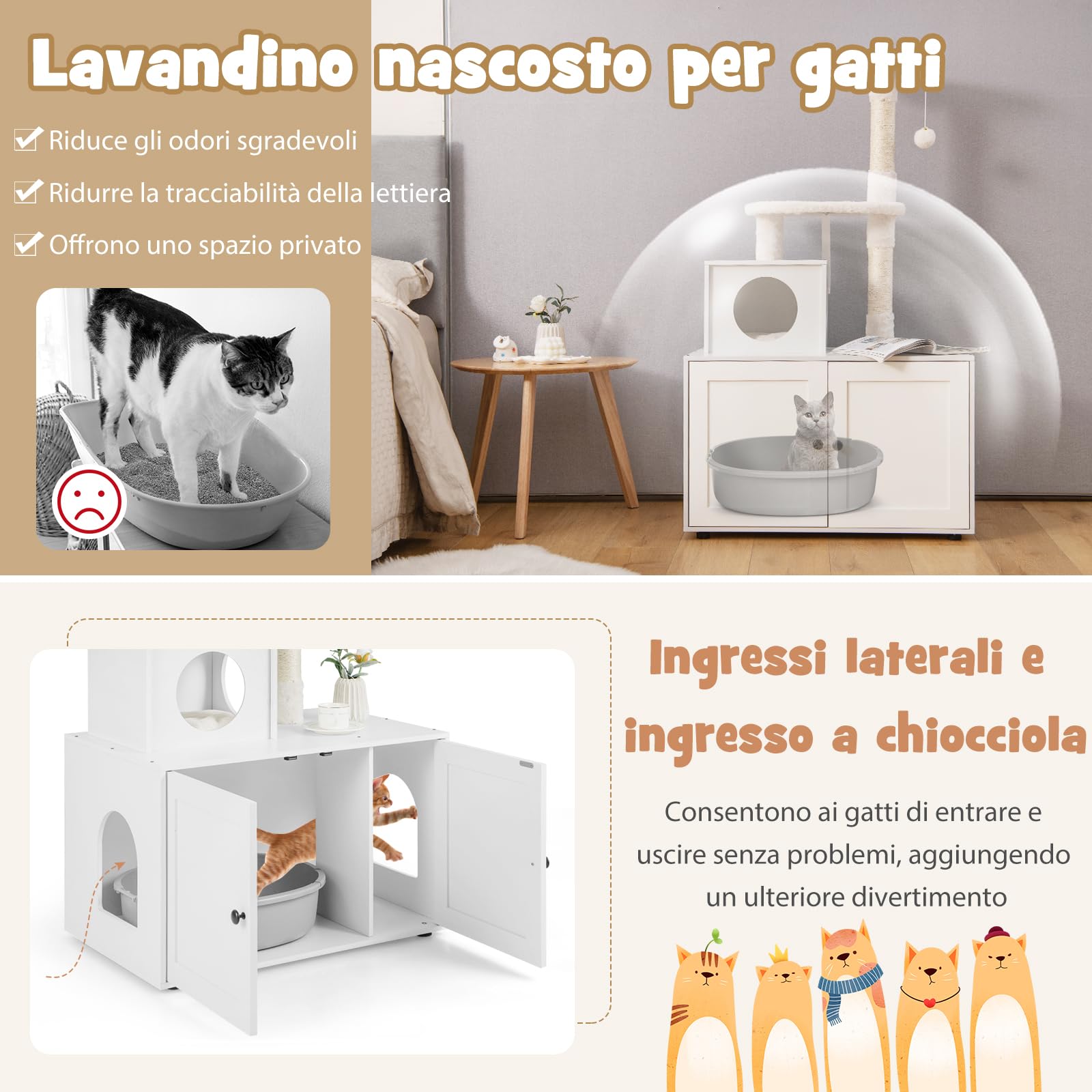 COSTWAY Tiragraffi per Gatti Adulti con Rifugio ad Ante Nascosto, Torre per Gatti con Cuccia, Piattaforma, Cuscini e Tiragraffi, Albero per Animali Grandi Alto in Legno, 77,5 x 49 x 132 cm (Bianco)