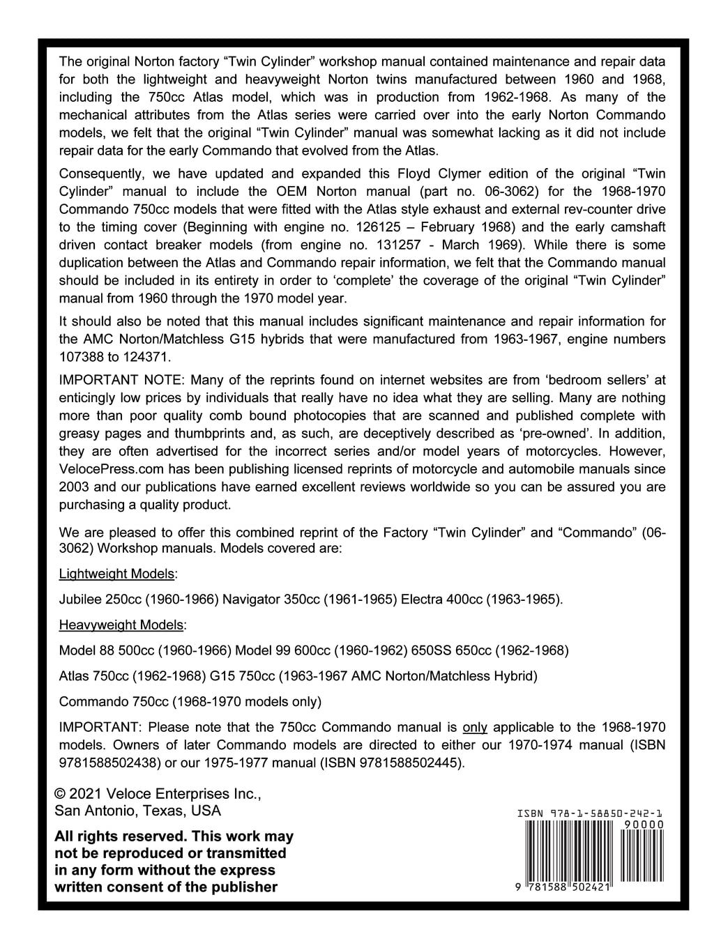 NORTON 1960-1970 LIGHTWEIGHT AND HEAVYWEIGHT "TWIN CYLINDER" WORKSHOP MANUAL 250cc TO 750cc. INCLUDING THE 1968-1970 COMMANDO      Paperback – April 16, 2021