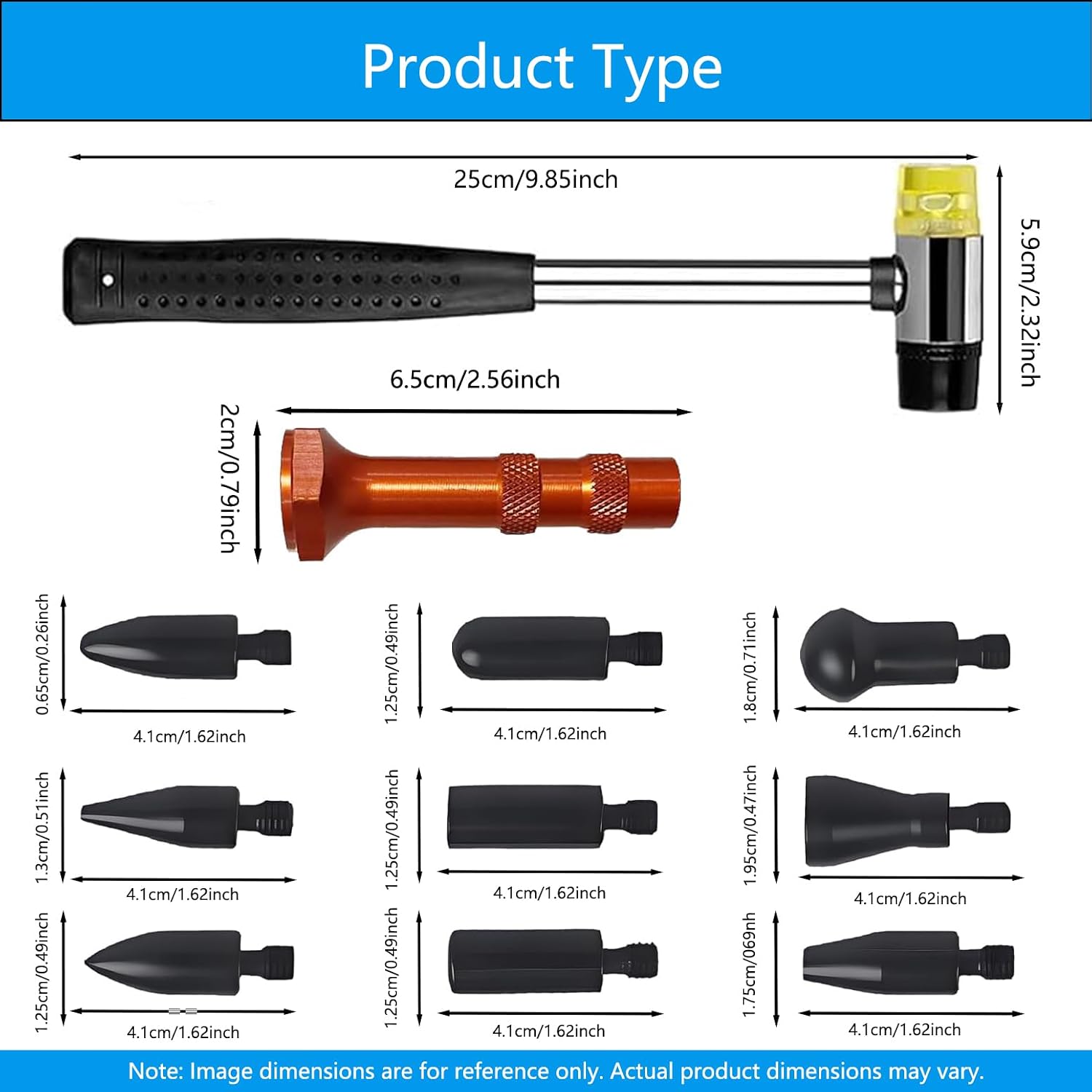 Paintless Dent Repair Kit, Rubber Hammer with Tap Down Pen and 9 Shaped Heads, Dent Removal Tool for Car Body, Appliance Metal Panels, DIY Dent Repair