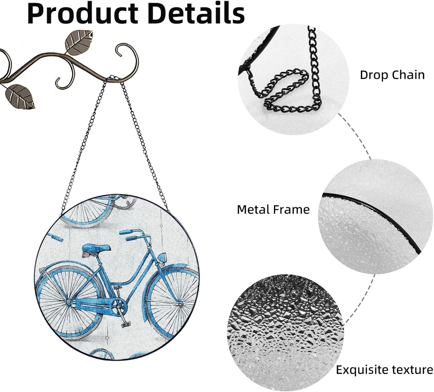 Blue Bicycle Stained Glass Suncatcher for Window Hanging Sun Catcher Ornament for Women Men Suncatcher for Home Decor, 8in（20cm） Round Glass Ornament for Mother's Day Birthday Gift