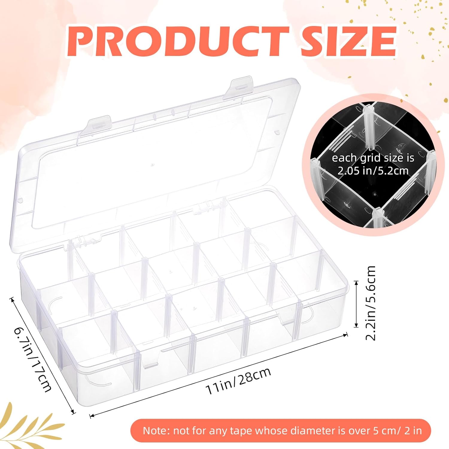 Leinuosen 3 Pack Clear Washi Tape Organizer Storage 15 Grids Plastic Organizer Box Adjustable Dividers for Jewelry, Washi Tapes, Art DIY Crafts, Beads and Small Parts