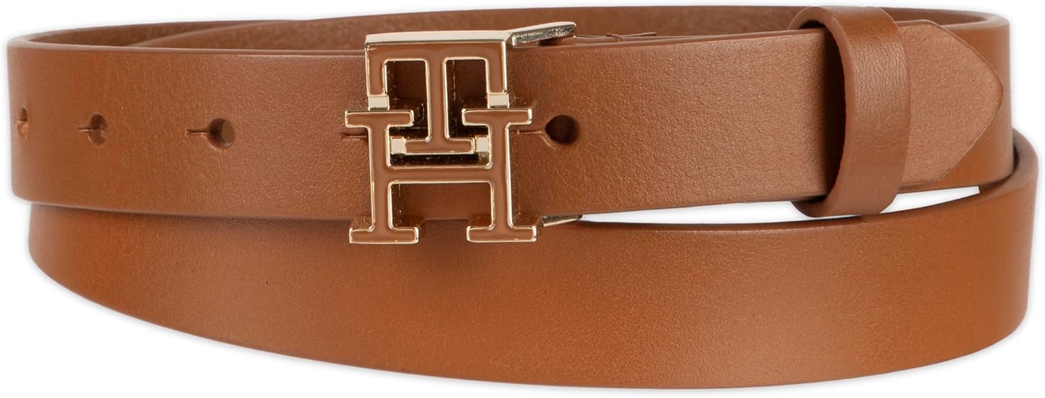 Tommy Hilfiger Women's Th Monogram Enamel Plaque Buckle Skinny Belt for Jeans, Trousers and Dresses
