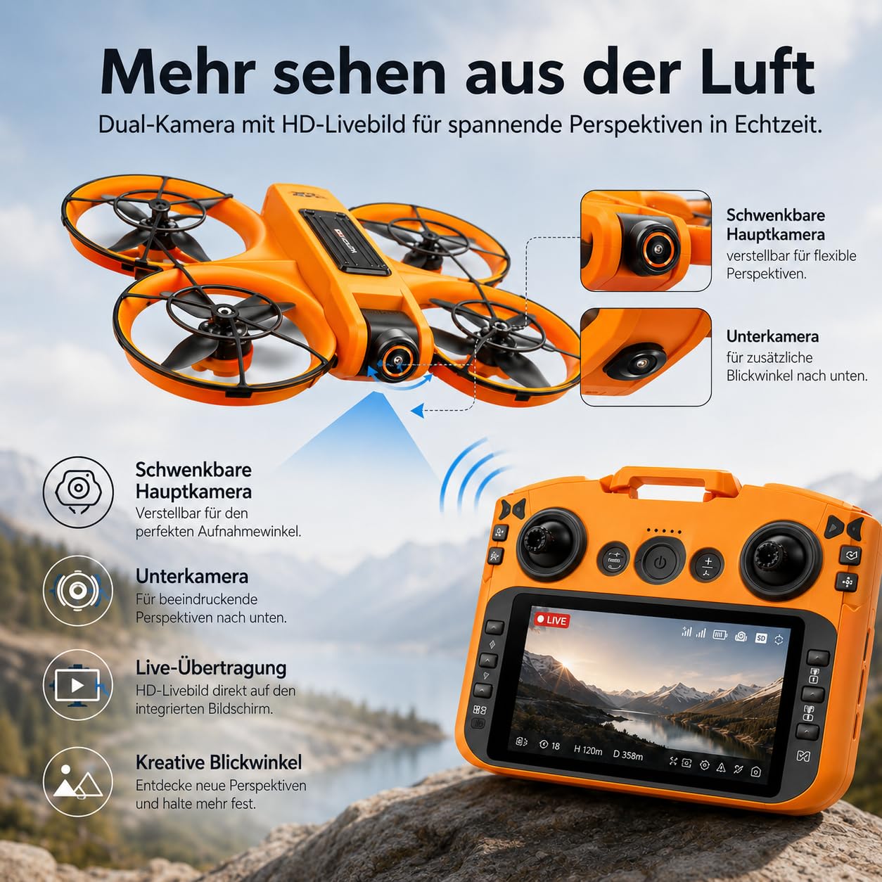 Drohne mit Kamera & Display Fernbedienung, Brushless Motor, Dual Kamera 90° verstellbar, FPV Live-Übertragung, Optical Flow, 360° Flip, LED, Anfänger & Kinder geeignet (Orange, Akkus: 3 St.)