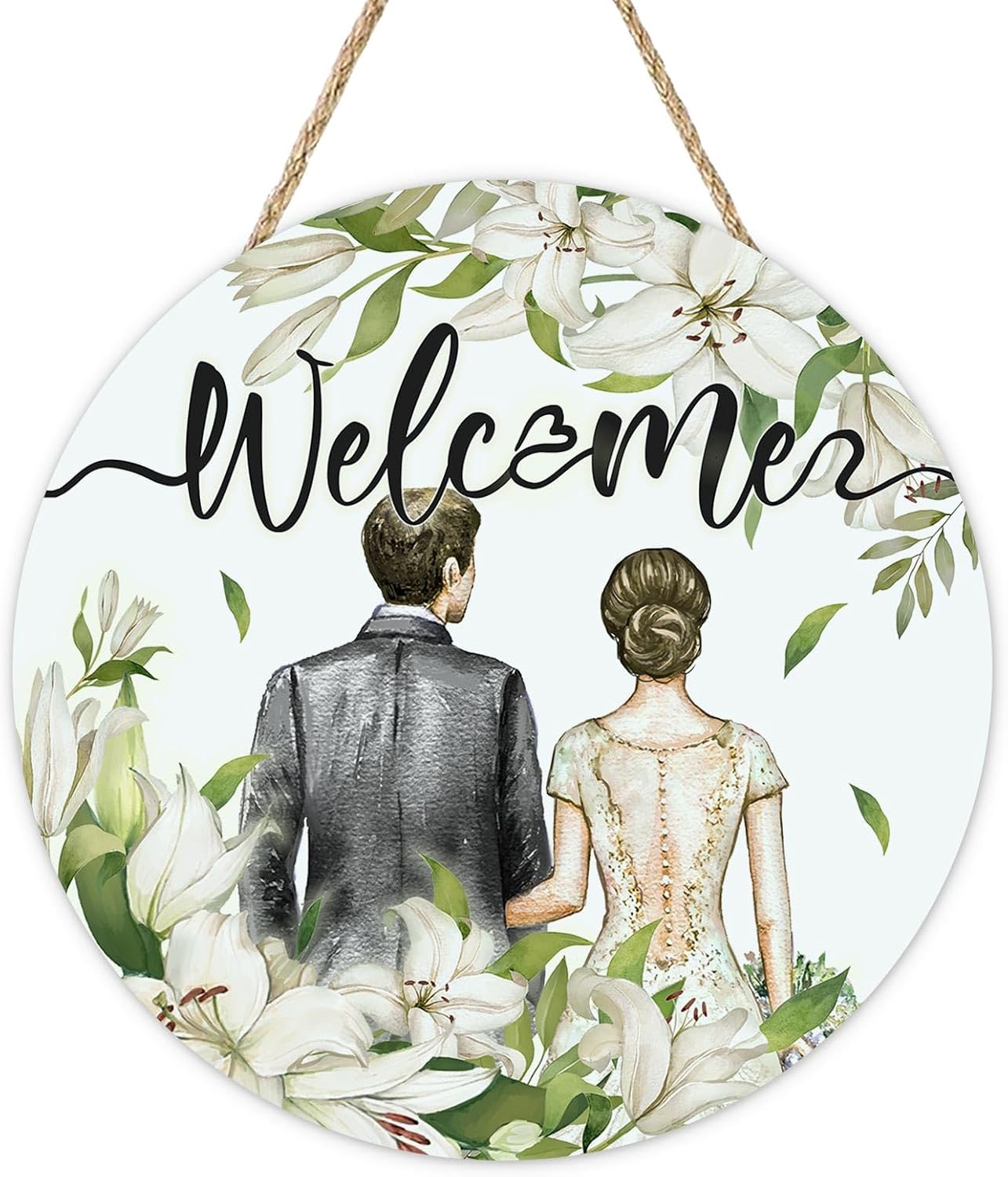 Welcome Bride and Groom Wedding Front Door Sign, Romantic Lily Flower Wood Plaque Hanger Outdoor Home Decor, Engagement Anniversary Party Wooden Wreath Indoor Wall Hanging Decoration Gifts
