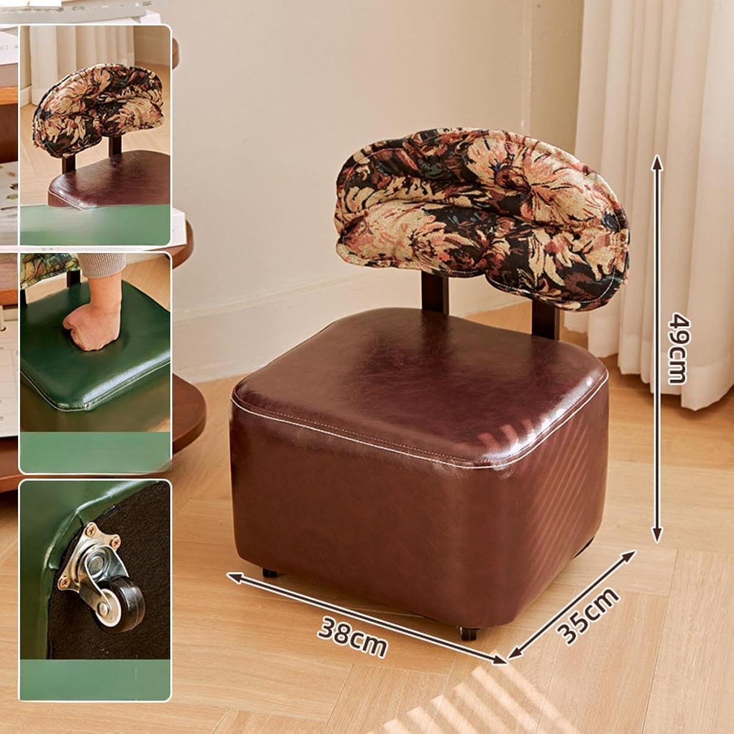 スクエアローリングスツール、フットレスト付き、PUレザー製のホイールチェア, 茶色