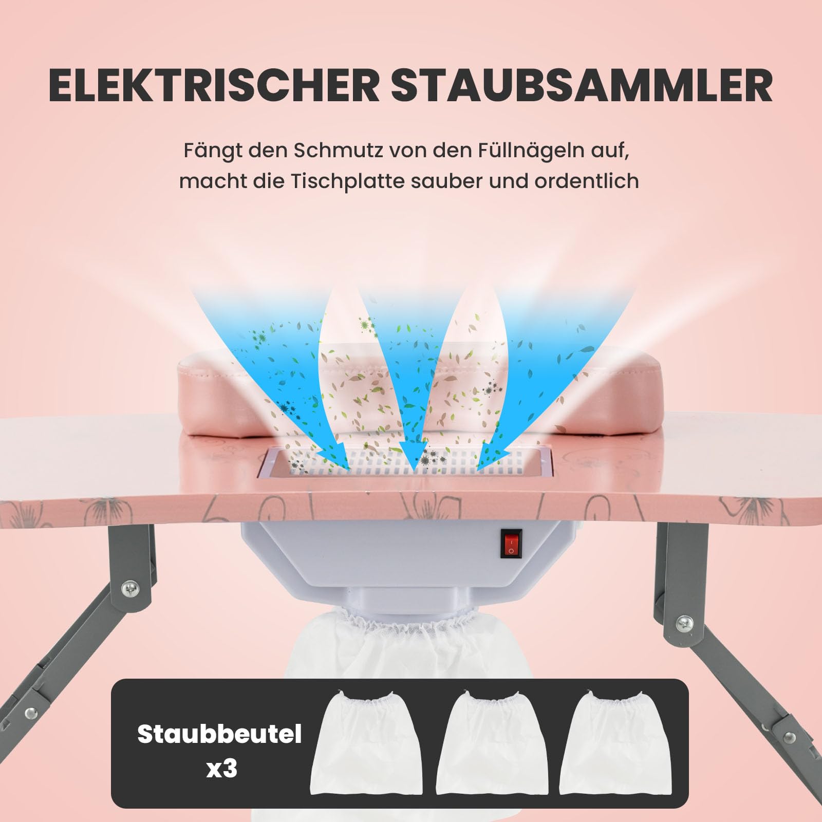 RELAX4LIFE Nageltisch, Maniküretisch mit Absaugung, Nagelstudio Tisch mit biegbarer LED-Lampe, faltbarer Manikürtisch mit 4 Rädern, Tragbare Maniküre-Tisch für Zuhause, Salon, Nagelstudio (Rosa)