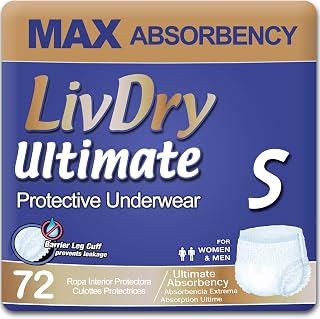 LivDry Small Ultimate Adult Incontinence Underwear Pull-Ups, Max Absorbency Leak Cuff Protection, 72-Pack for Men & Women