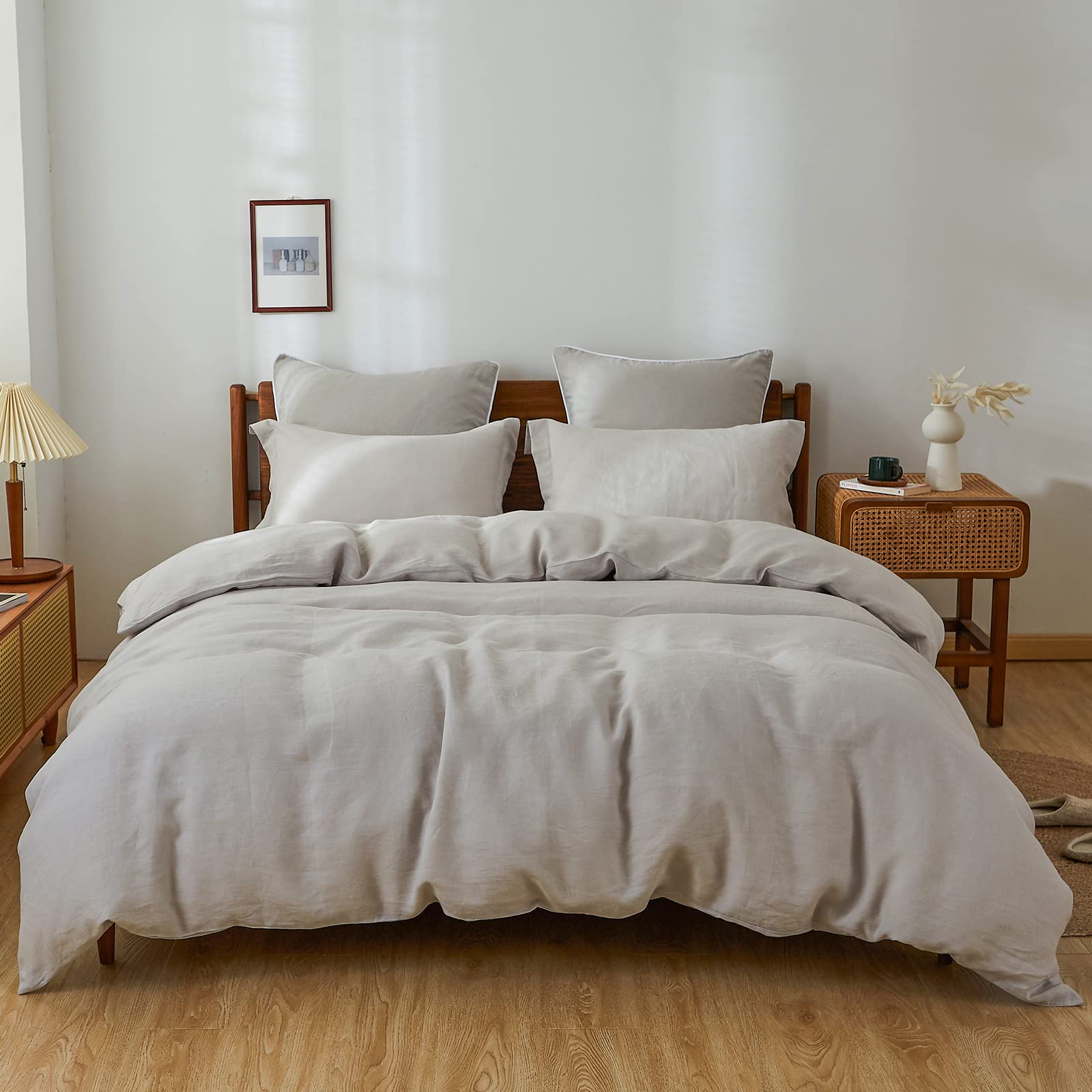 Simple&OpulenceKing Duvet Cover 3 Pcs Set 100% Linen Cotton Like with Washed, 230x220 cm, Solid Color Basic Style Bedding Set-Breathable Soft Comforter Cover with 2 Pillowcases, Light Grey